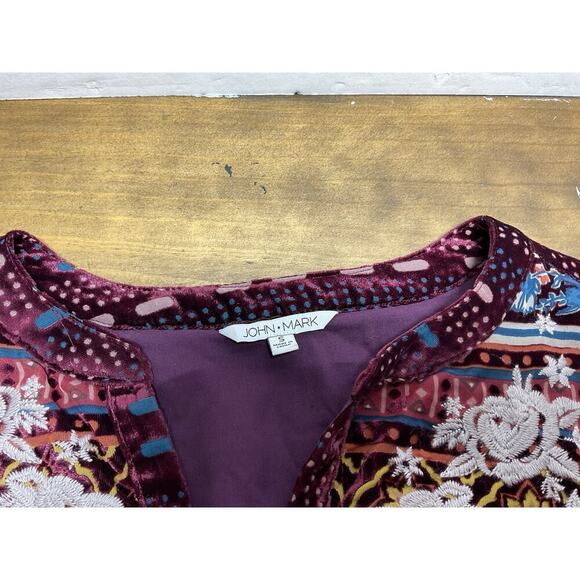 John Mark Top Womens Small Red Black Velvet Embroidered Sheer Popover Lined - Picture 2 of 11